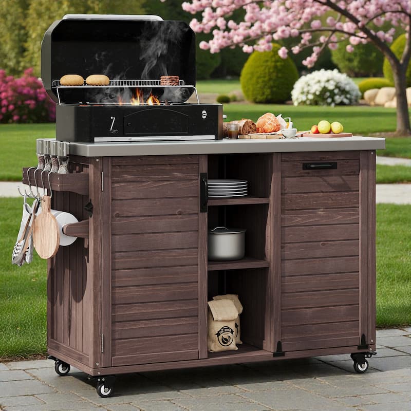 78.3" Outdoor Kitchen Island with Foldable Grill Table, Solid Wood BBQ Cart with Trash Storage & Stainless Steel Top