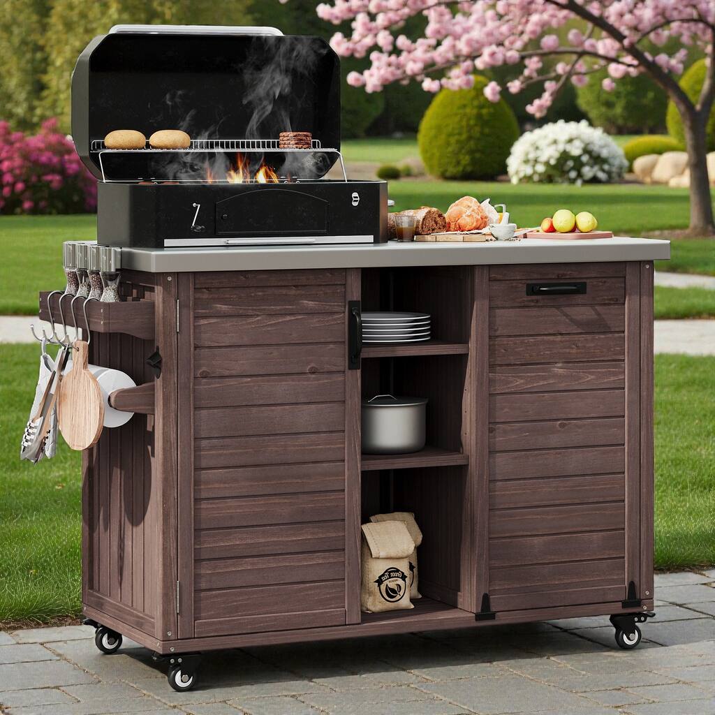 78.3" Outdoor Kitchen Island with Foldable Grill Table, Solid Wood BBQ Cart with Trash Storage & Stainless Steel Top