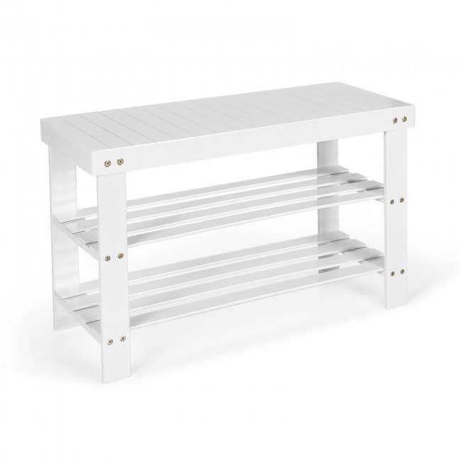 3 Tier Bamboo Bench Storage Shoe Shelf - 27.5" x 11" x 17.5" (L x W x H) - White