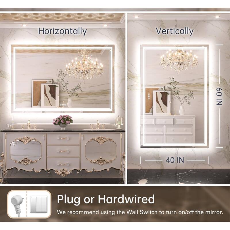 Keonjinn Rectangular Front Light & Backlit,LED Bathroom Vanity Mirror, 3 Color Temperatures, Anti Fog