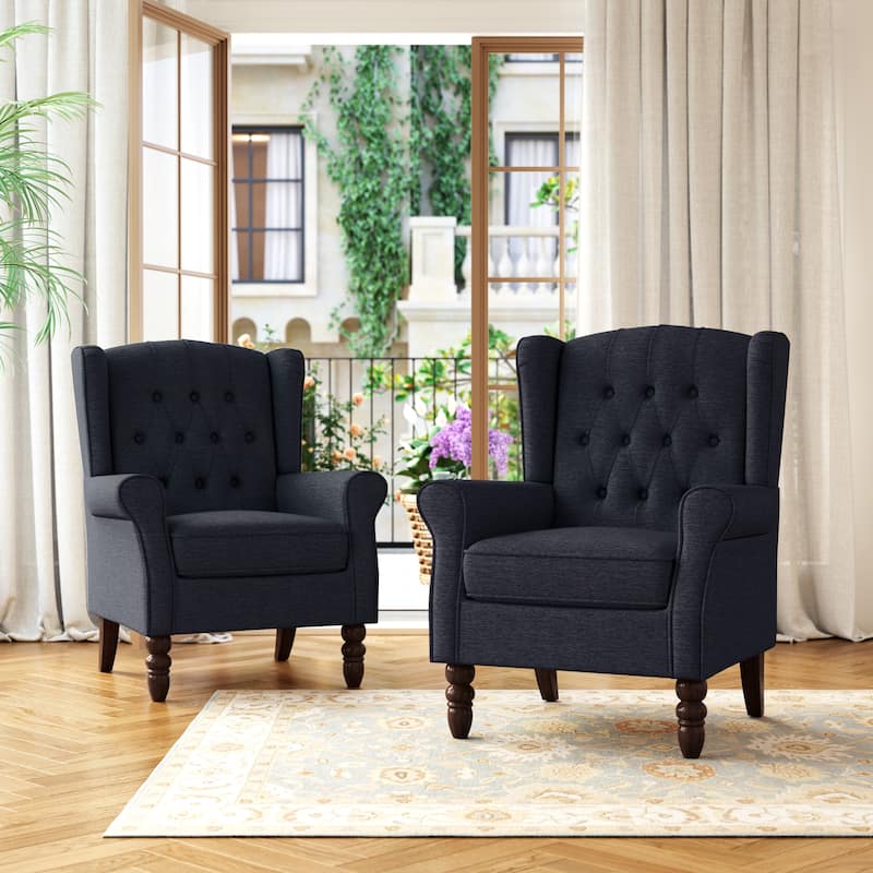 Tufted Wingback Upholstered Accent Chairs Set of 2 - Chenille Black Blue