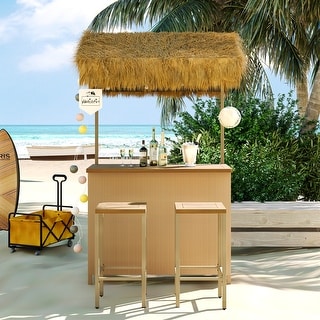 GO Hawaiian-Style Bar Height Patio Set with PE Grass Canopy, Outdoor Bar Table and Stools with Adjustable Feet, Acacia Wood Top, for Dining and Drinking, Natural