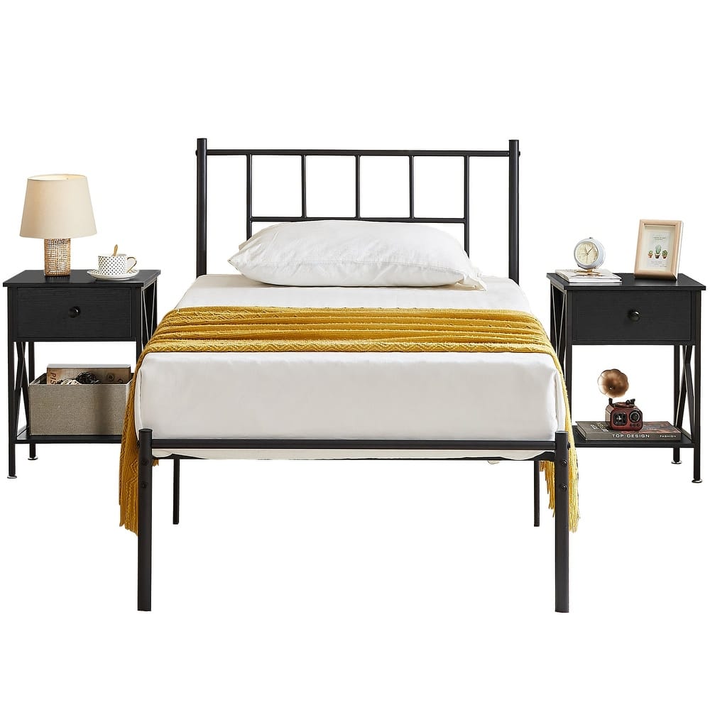 VECELO 3-Pieces Bed Frame with Wood Headboard and Modern Nightstands Set of 2