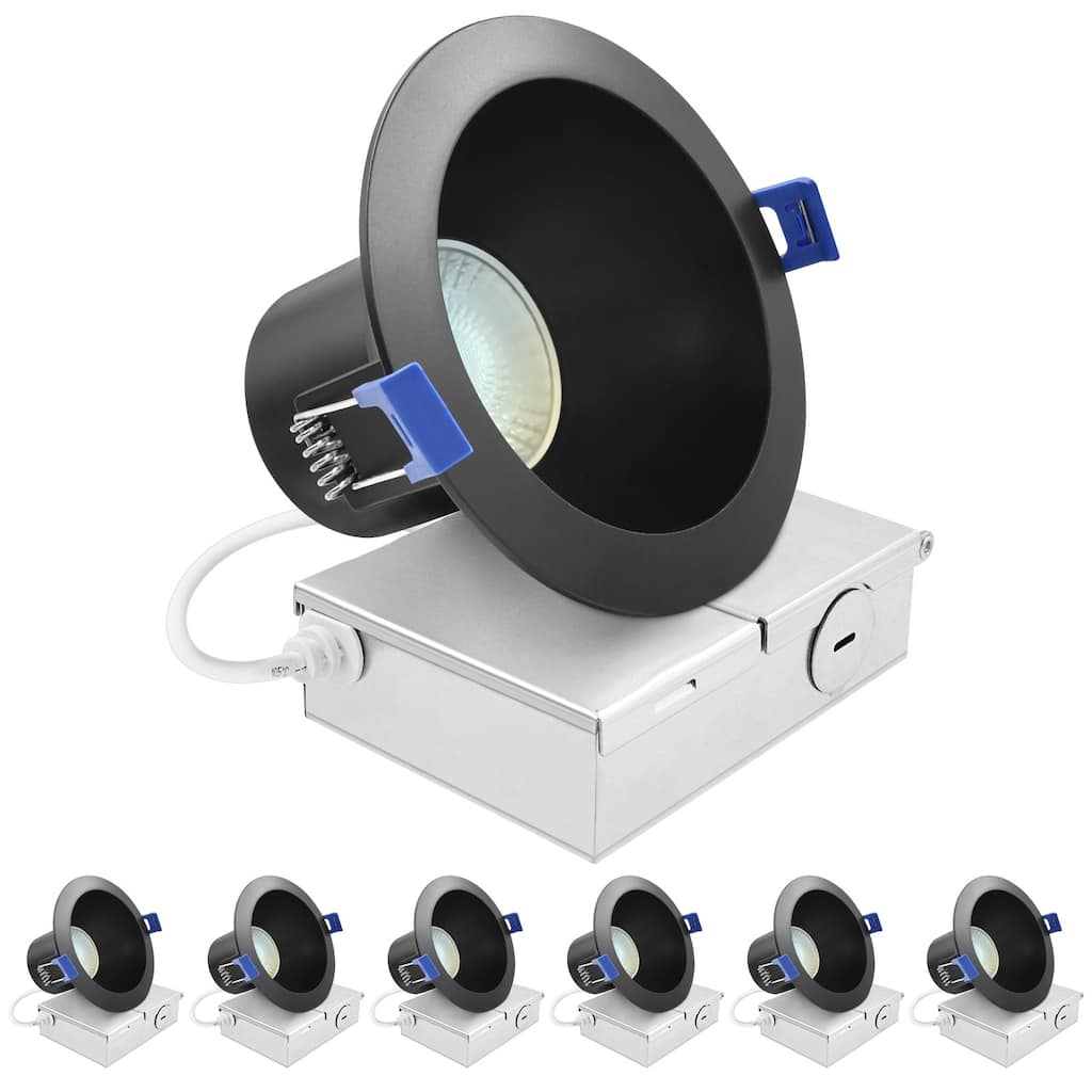 Luxrite 4 in. LED Recessed Ceiling Light J-Box 12W 5CCT 960 Lumens Wet Rated IC Rated ETL Black 6 Pack