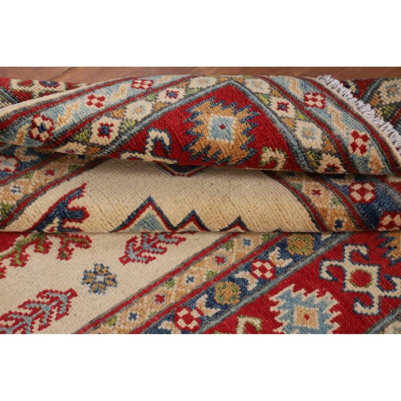 Beige / Ivory Kazak Accent Rug Hand-Knotted Geometric Wool Carpet - 3'11" x 4'11"