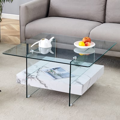 31.4 Inch Modern Two-Tier Square Coffee Table - An Elegant Combination of Clear Glass and White Marble Pattern Sticker.I