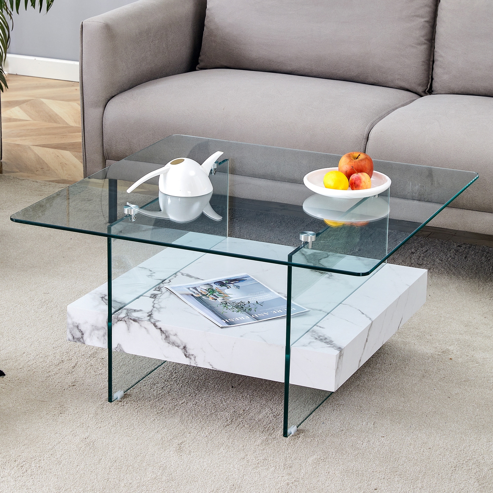 Roomfitters Square Glass Coffee Table with Walnut Finish, Two-Tier