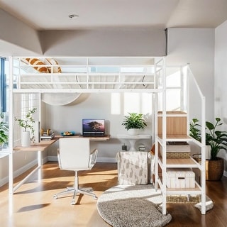 Artsy Full Size Metal Loft Bed with Desk and Metal Grid, Stylish Metal Frame Bed with Lateral Storage Ladder and Wardrobe, White