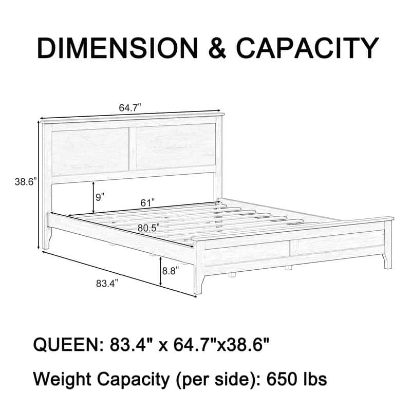 Modern Style, Solid Wood Bed Frame with MDF Headboard and Footboard