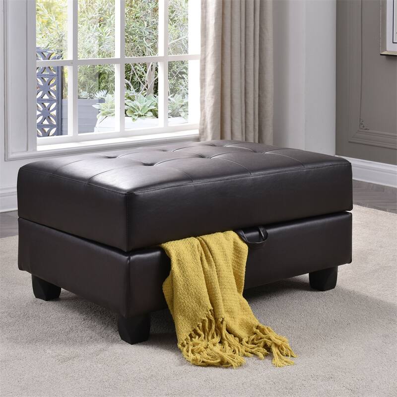 Leather Cover Ottoman with Hardwood Frame - Beige