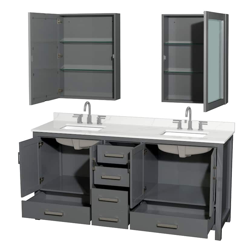 Sheffield 72-inch Double Vanity, 3 Hole Quartz Top, Med Cabinets