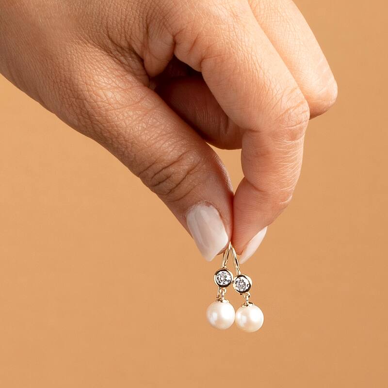 14k Yellow Gold Freshwater Pearl and Cubic Zirconia Birthstone Drop Earrings