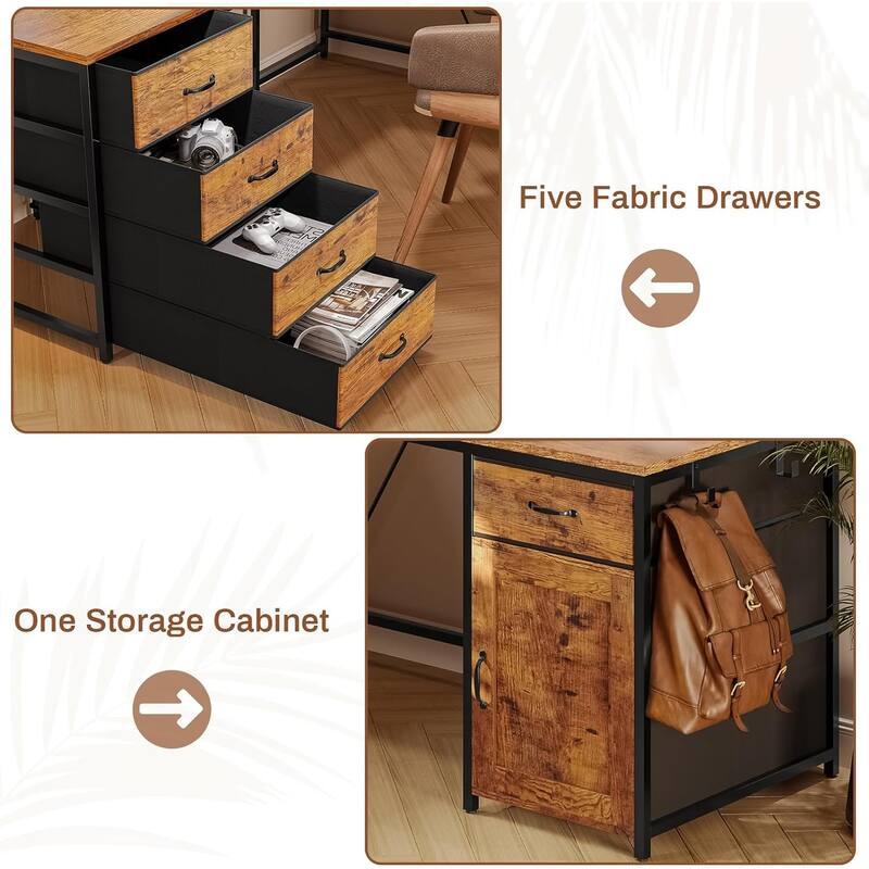 L Shaped Computer Desk 5 fabric Drawers Gaming Desk Storage Shelf