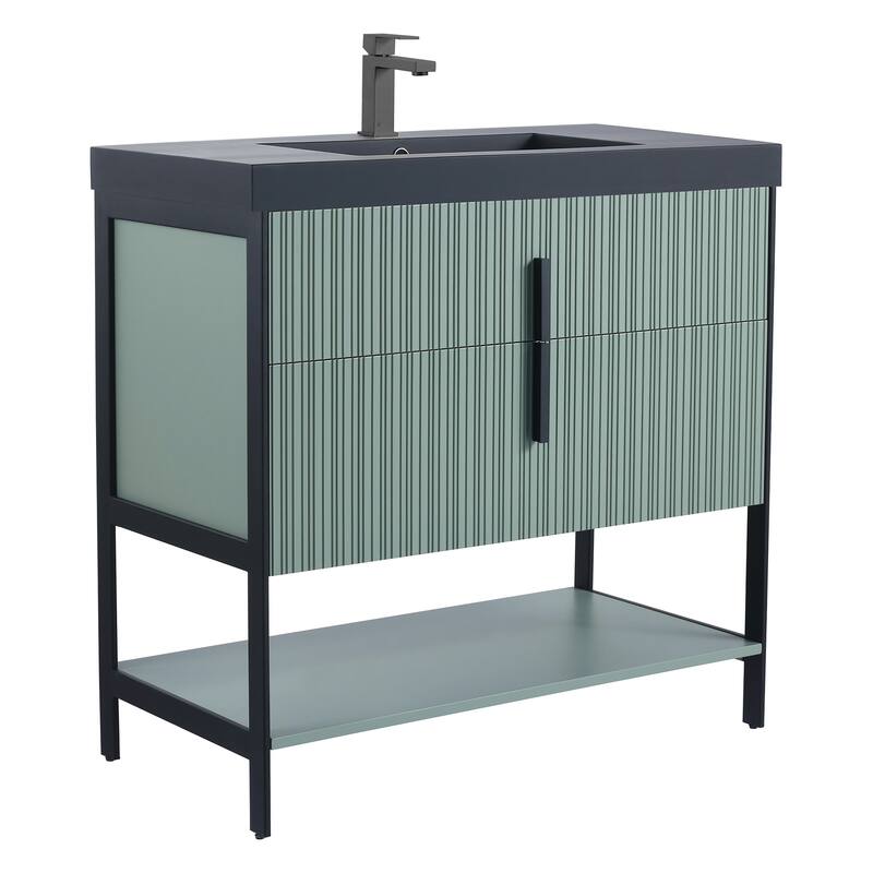 Fine Fixtures Serenity Modern Bathroom Vanity with Black Gel Acrylic Top - Mint Green - Black Hardware - 36 inch