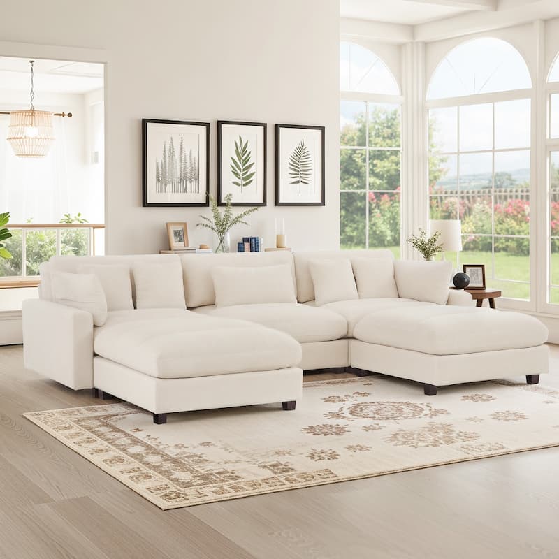 Extra-Large Modern Chenille Sofa Set (128.4 Inches With Pillow Stools) - 128.4"W X 44.1"D X 33.9"H - The oats are white