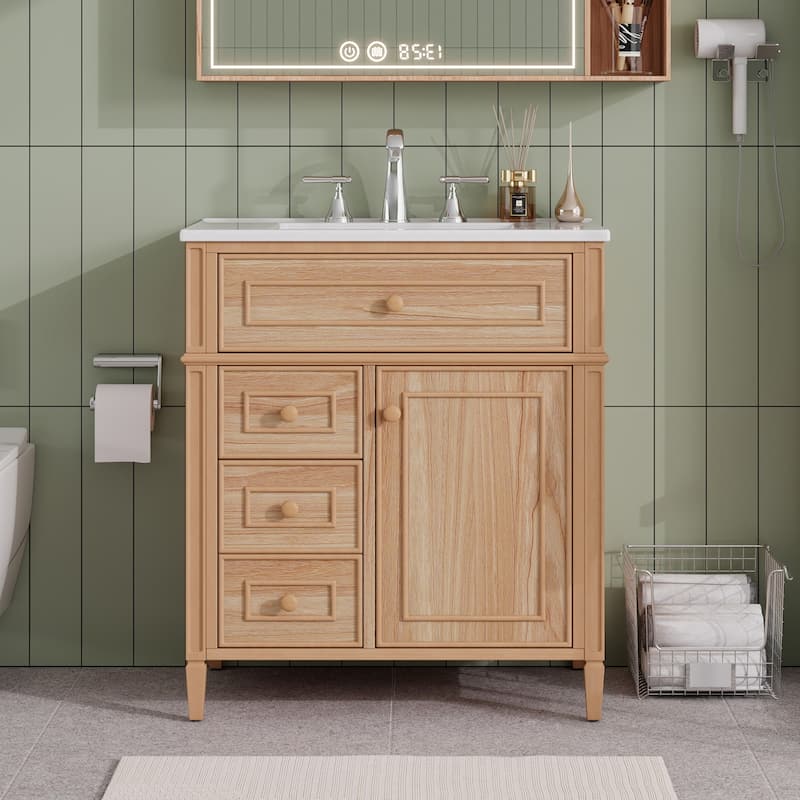 30 Inch Bathroom Vanity with Sink, Solid Wood Cabinet with Flip-Out Drawer and Soft-Close Doors