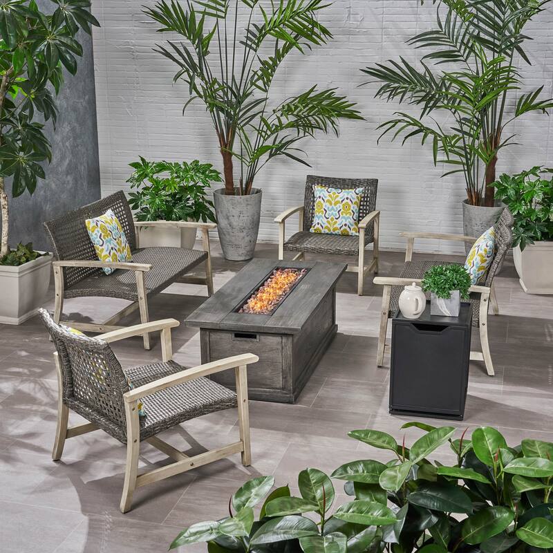 Breakwater Outdoor 6 Piece Wood and Wicker Chat Set with Fire Pit by Christopher Knight Home - Mixed Black, Light Gray Washed Finish, Gray