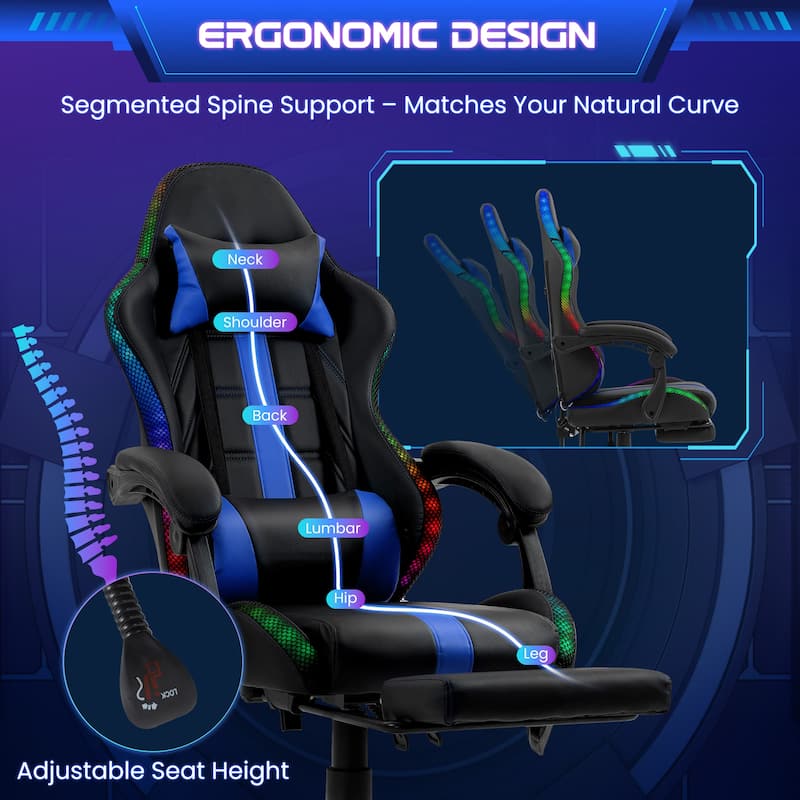 EROMMY RGB LED Gaming Chair with Thickened Massage Lumbar Pillow & Upgraded Footrest, Reclining Ergonomic Chair