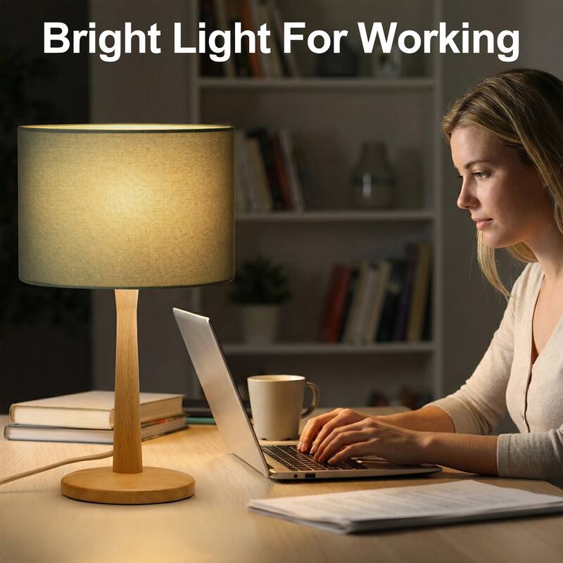 16.3 in. Modern Natural Wood Table Lamp with Linen Fabric Shade