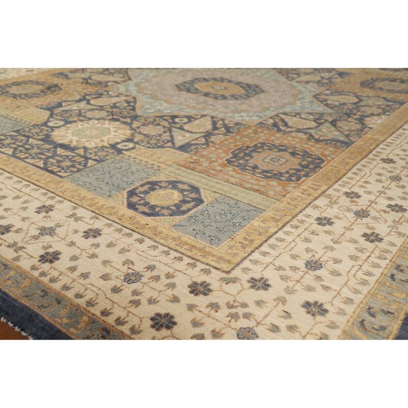 Hand Knotted Oriental 100% Wool Carpet Traditional Geometric Navy Blue & Blues Kazak Area Rug - 9' 10'' X 7' 11''