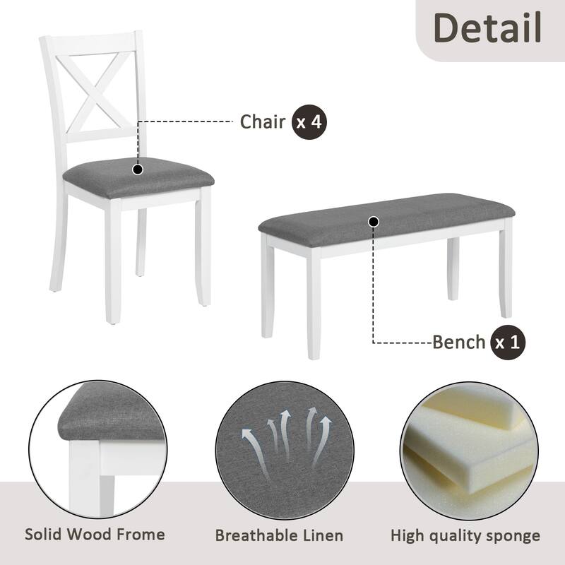 Modern 6 Piece Wooden Dining Table Set, Rectangular Table with 4 Upholstered Chair and X Back & Bench, for Restaurant and Bistro
