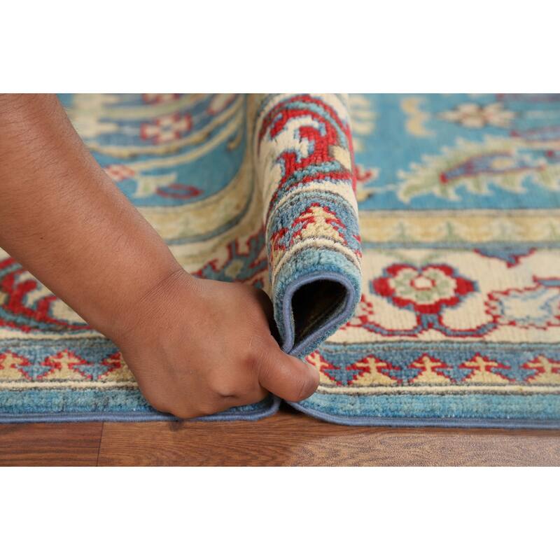 Blue Geometric Kazak Oriental Runner Rug Handmade Wool Carpet - 2'9" x 9'8"