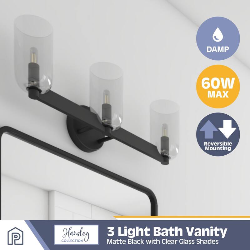 Prominence Home Hansley Matte Black 3-Light Bathroom Vanity with Clear Glass