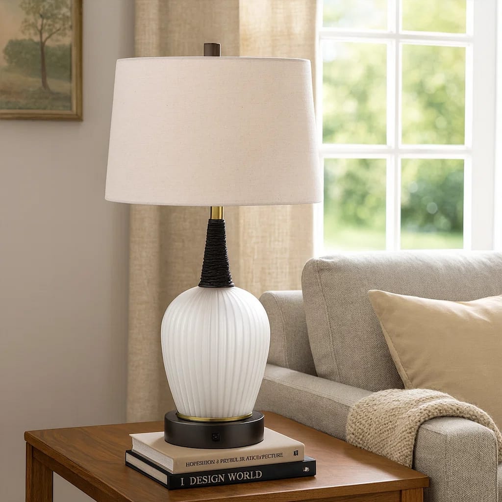 Wenu 29 Inch Table Lamp, Accent Frosted Glass Base, White Fabric Shade