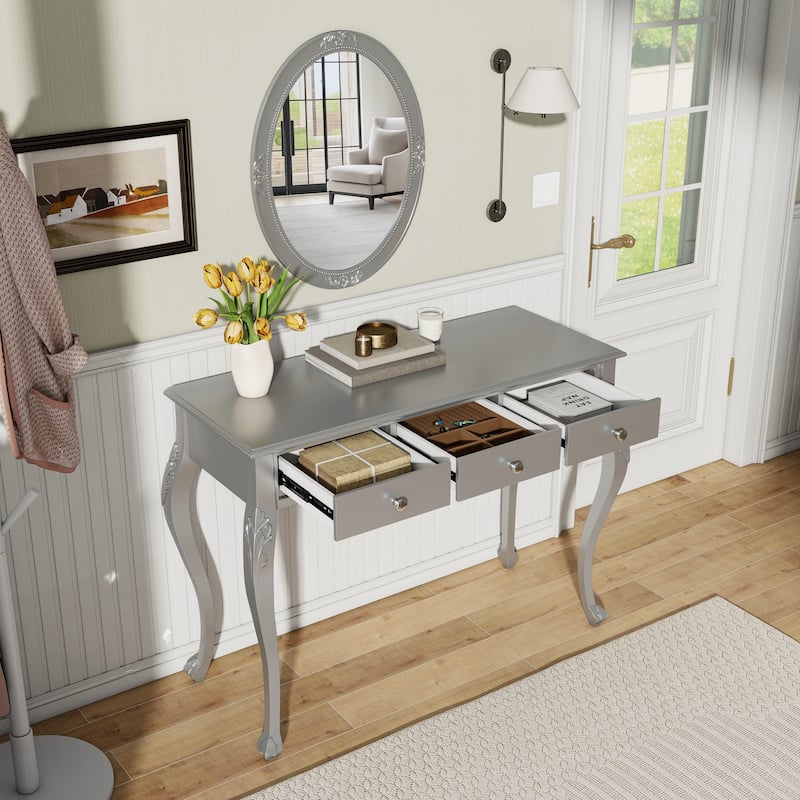 Luxury Makeup Vanity Desk with Oval Mirror, 3-Drawer Dressing Table for Jewelry Storage, Elegant Console Table