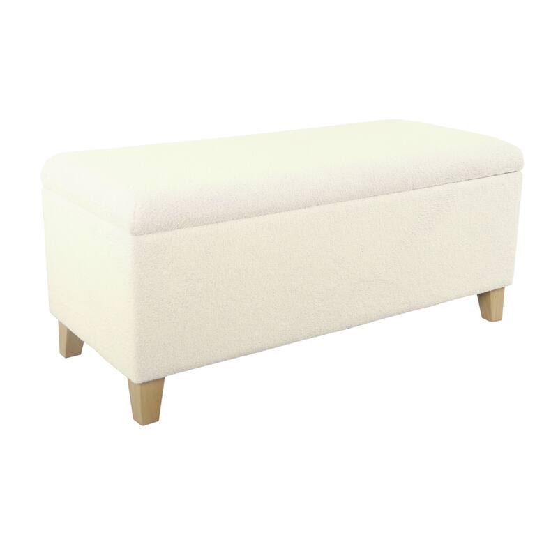 Liv 42 Inch Cream Sherpa Storage Bench Ottoman with Natural Brown Wood