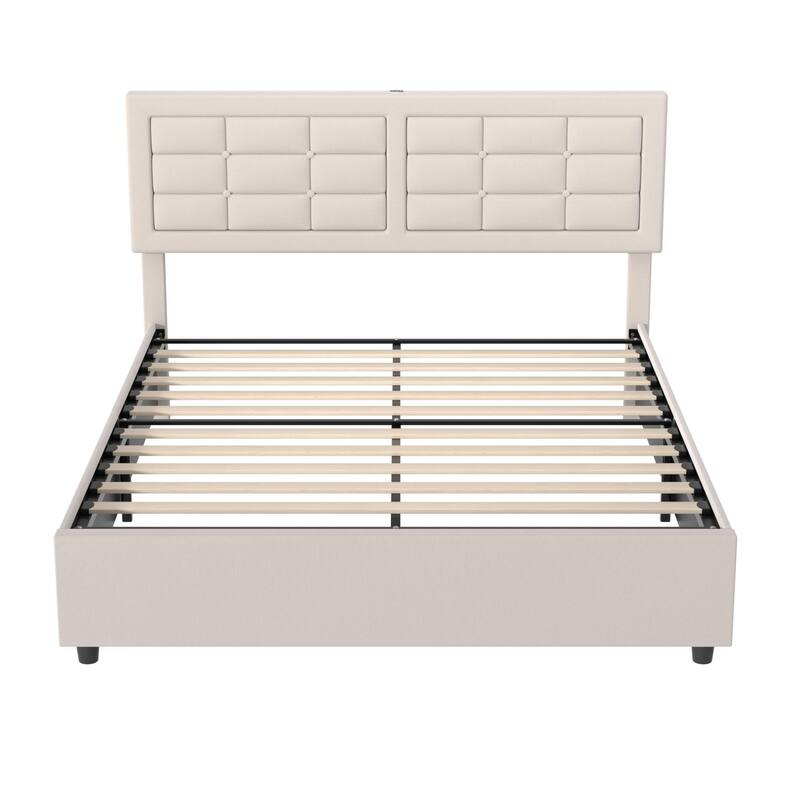 Javlergo Full Queen Size Bed Frame with USB Charging Station Adjustable Height Upholstered Headboard No Box Spring Needed