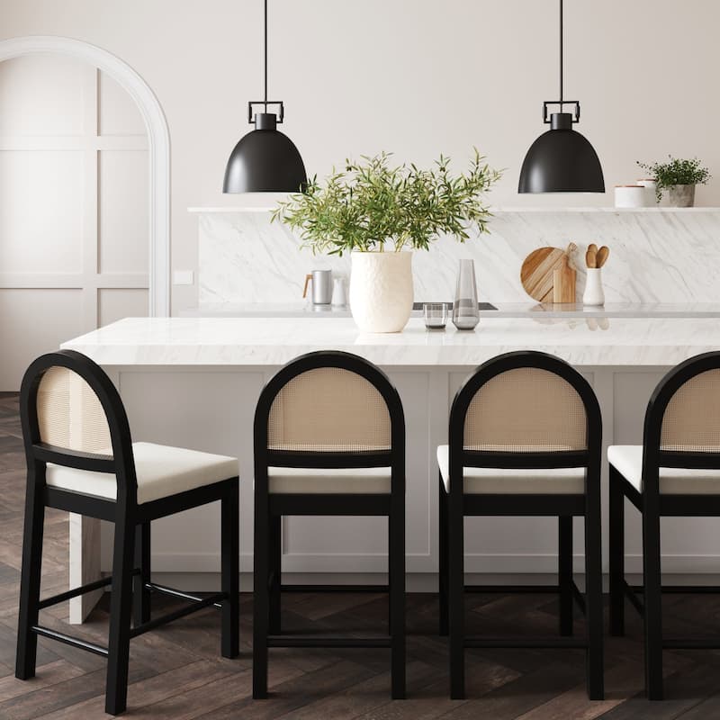 Bailey Boucle Upholstered Rattan Bar Stool or Counter Height Stool with Natural Rattan Woven Back For Kitchen Island - Set of 4 - Cream/Black Oak - Counter Height