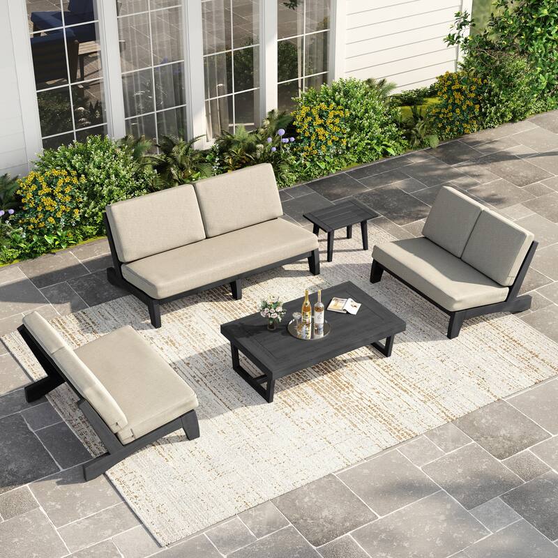 Casual Teak Outdoor Patio Conversation Set with Cushioned Sofa Loveaseat - Dark Wood - Light Camel-5 Piece