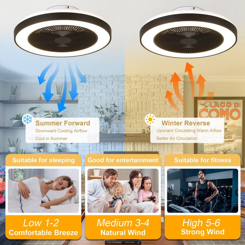 Cusp Barn 19" Modern Low Profile Flush Mount Ceiling Fans with Lights, Smart RGB Ceiling Fan with Alexa/Tuya APP/Voice Control