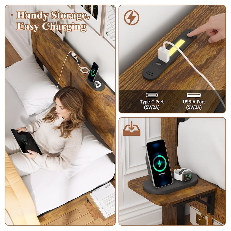 Wooden Platform Bed Industrial Bed Frame with Headboard/Small Night Light/Foldable Side Tables/Charging Station/Antique Natural