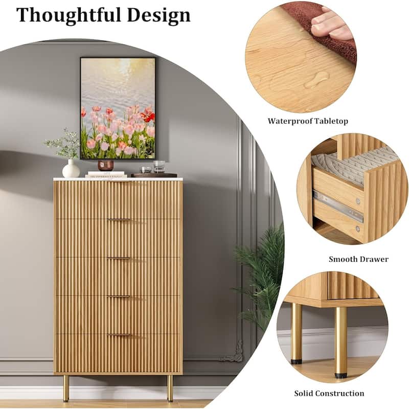 Fluted 5 Drawer Dresser for Bedroom, Wooden Chest with Wide Drawers, Modern Storage Organizer for Closet, Hallway