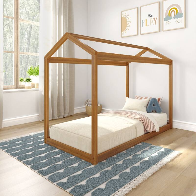 Max and Lily Classic Twin Floor House Bed - Pecan