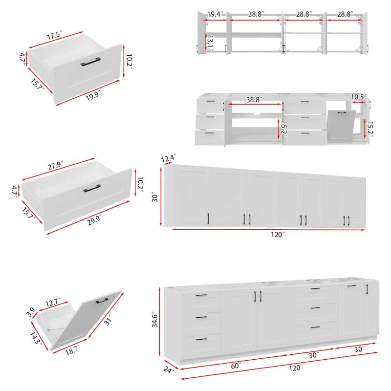 Modular White Kitchen Cabinet Set Customizable Base and Wall Cabinets Pantry Storage and DIY Countertop Design(Without desktop)