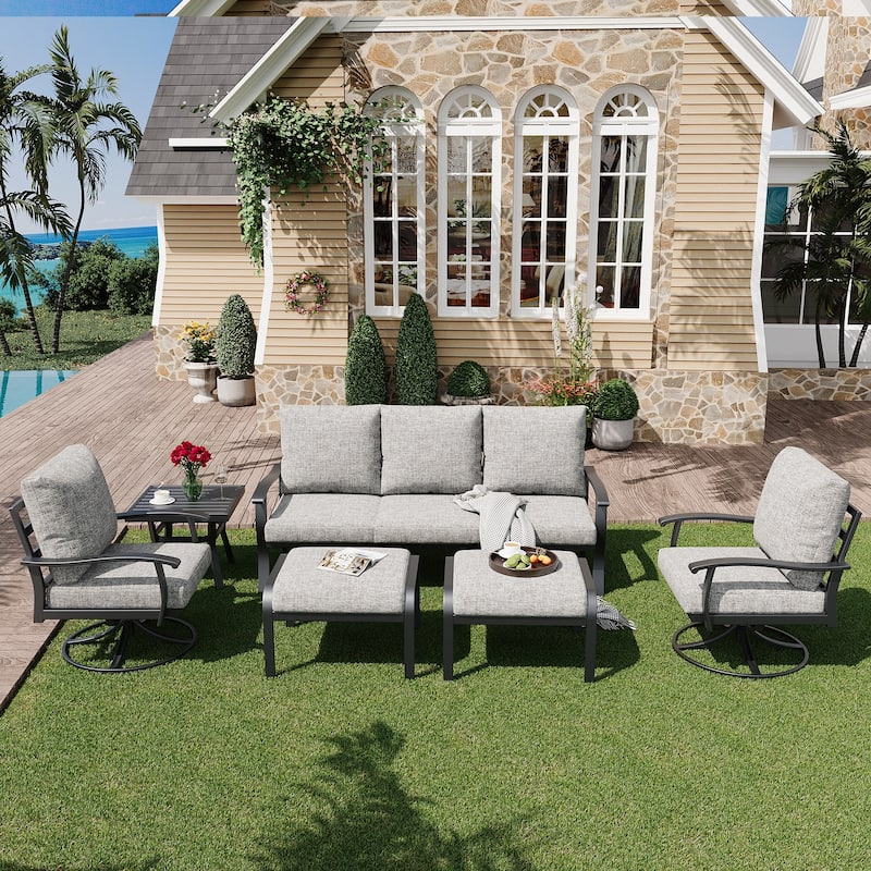 EROMMY Patio Set: 360° Swivel Rockers, Sofa, Ottomans & Table – Outdoor Conversation Set for Poolside, Garden & Deck - 6 PCS - Sofa & Swivel Rocking Chair - Grey