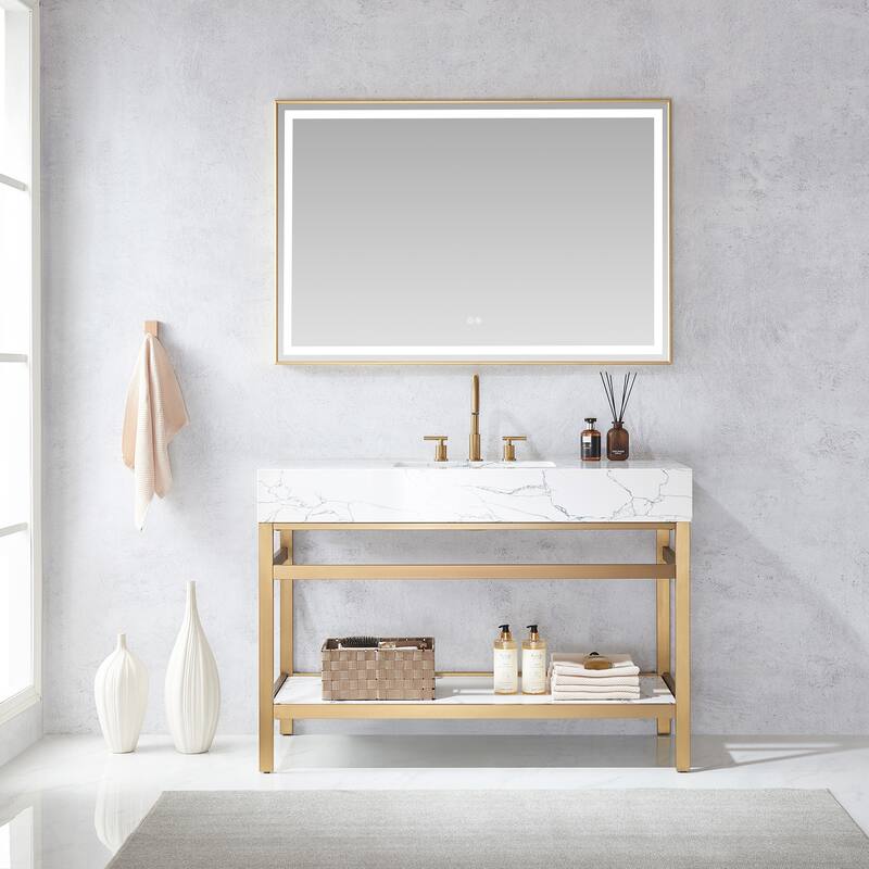 Ecija Bath Vanity, Metal Support with Composite Stone Top and Mirror