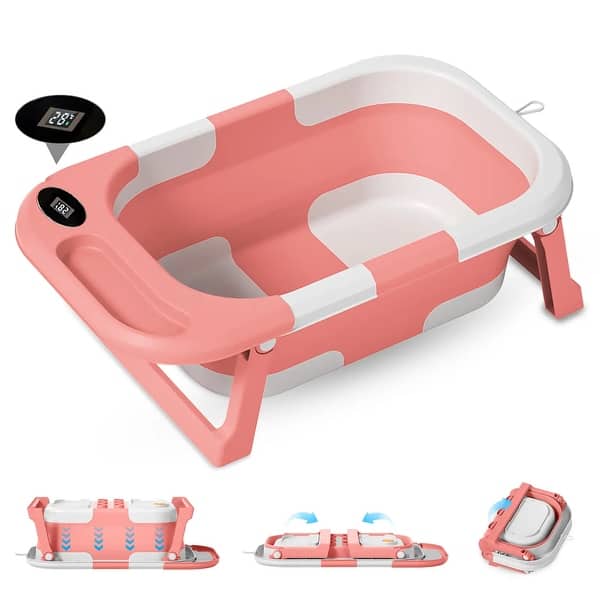 slide 2 of 9, Portable Collapsible Baby Infant Bathtub with Thermometer and Removable Basket - 27.17”L x 8.46”W x 16.34”H Pink