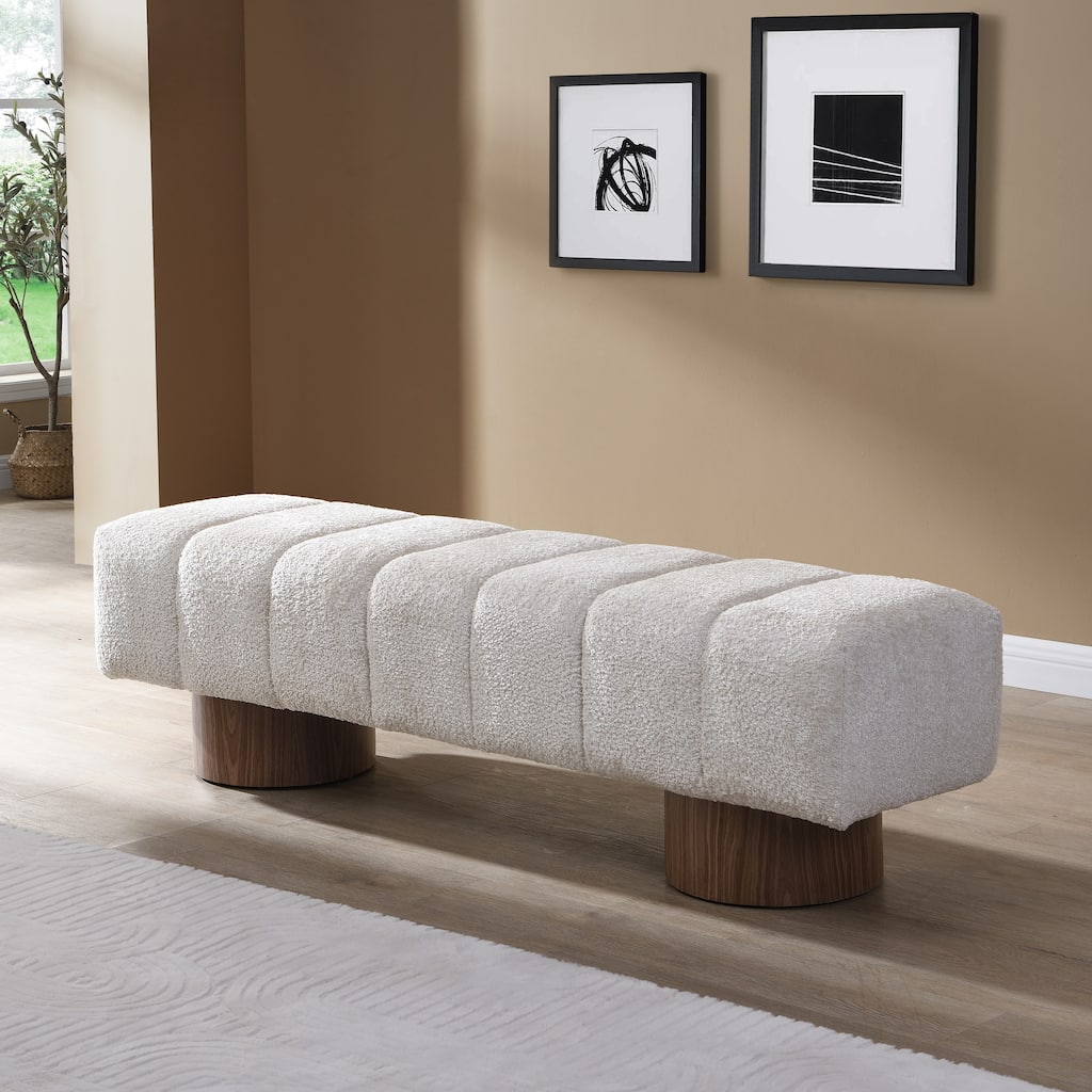 Roomfitters Upholstered Dining Bench, Boucle Fabric with Wood Base, Entryway or Bedroom Accent Bench