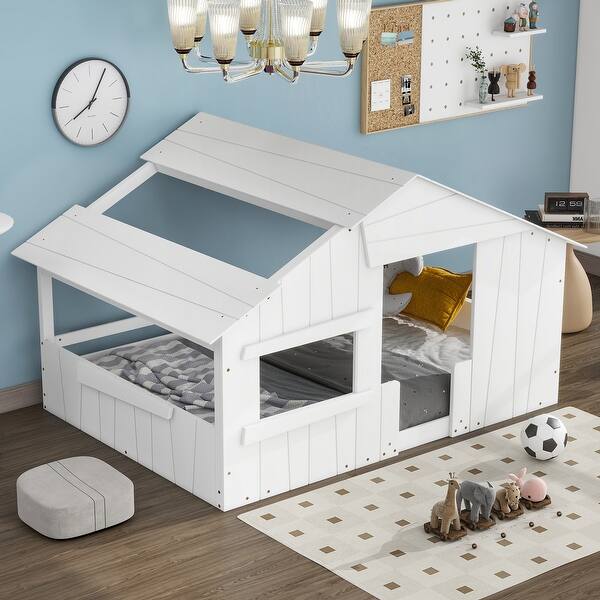 slide 2 of 24, Full Size House Bed for Kids, Wood Playhouse Bed Frame with Roof, Window and Guardrail for Girls & Boys, No Box Spring Needed White