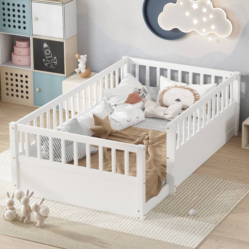 Montessori Toddler Floor Bed Child's Play Wood Bed Frame with High Fence and Open Door, No Slats - Twin Size or Full Size Option - White - Twin