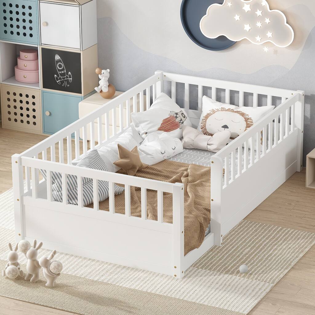 Roomfitters Wooden Twin Floor Bed Frame with Fence, Montessori Low Platform Design for Bedroom or Playroom