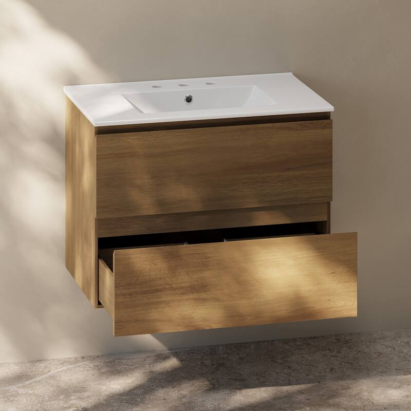 Liberte 30" Wall-Mounted Bathroom Vanity In Brown Oak With 3-Hole Widespread Sink Top - 30