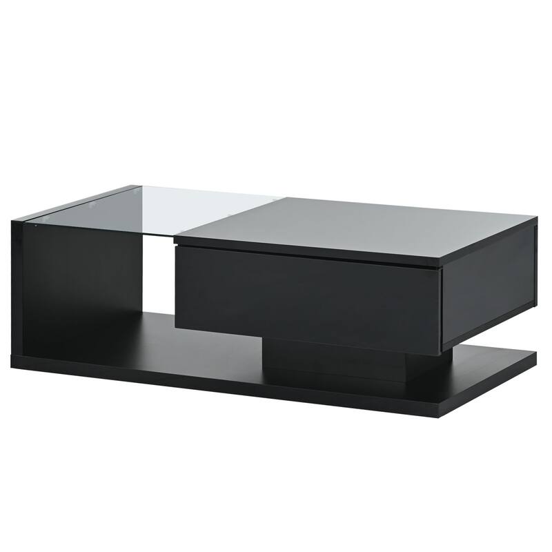 Contemporary Coffee Table with Tempered Glass & Wooden Base, 2-Tier Design, High Gloss UV Surface for Living Room, Black