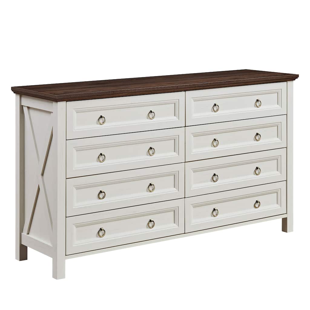 Anmytek White and Walnut 8 Drawer Dresser Chest for Bedroom - Farmhouse Organizer Storage