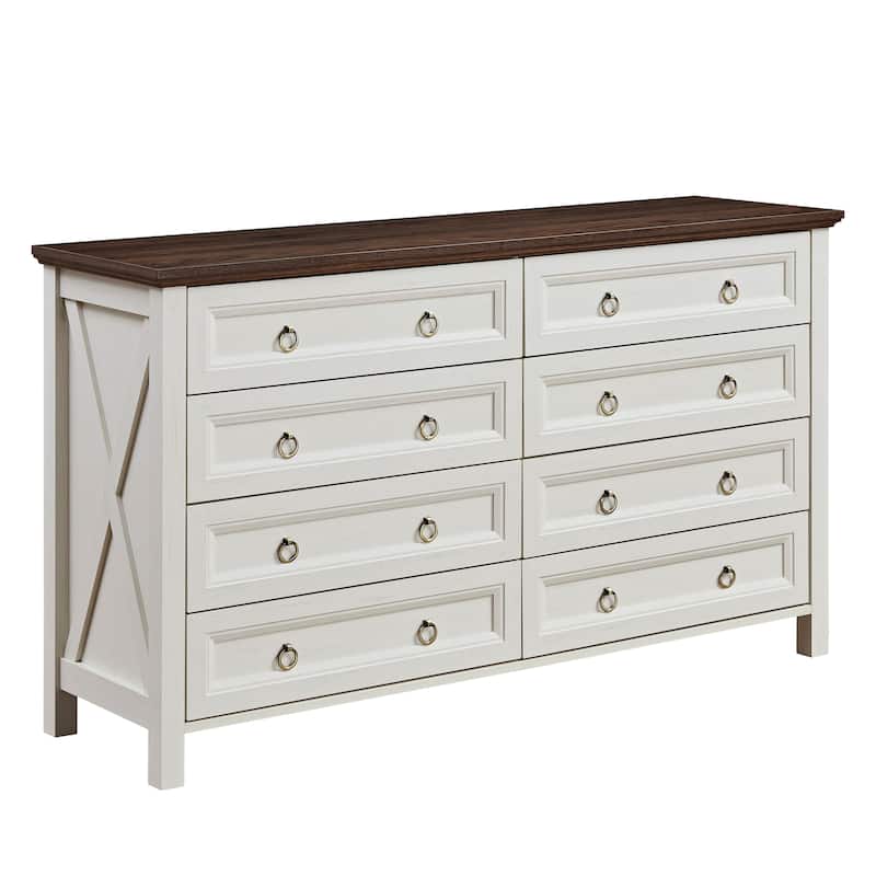 Farmhouse Style 8-Drawer Double Dresser with Rustic Wood Wide Finish and Metal Ring Handle - Walnut