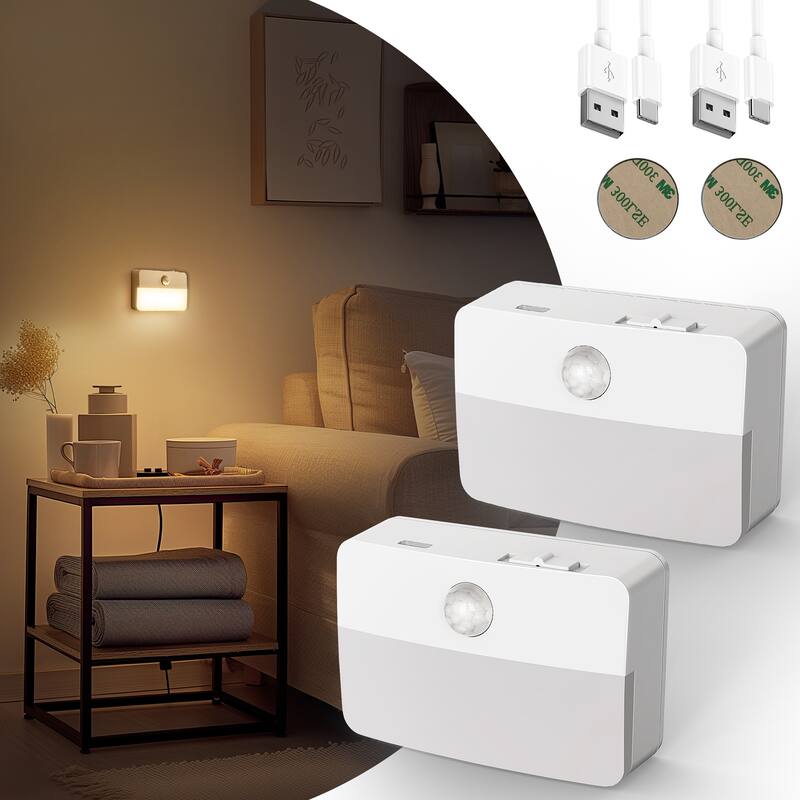 YANSUN 2-Pack Battery-Powered Motion Sensor Night Light, 5V 14500 500mAh - White